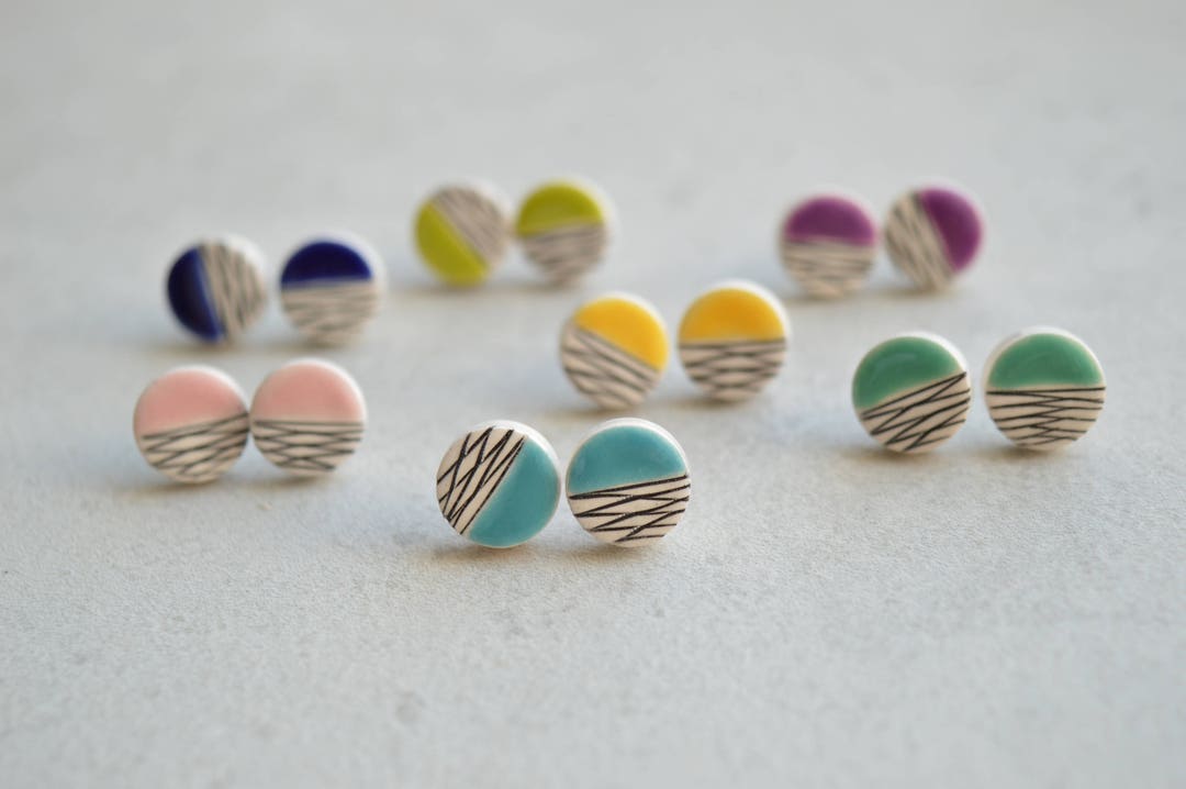 Ceramic Stud Earrings, Teenage Girl Gifts, Round Geometric Studs, Minimalist Jewelry, Gift for