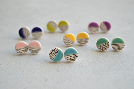 Ceramic stud earrings, teenage girl gifts, round geometric studs, minimalist jewelry, gift for daughter