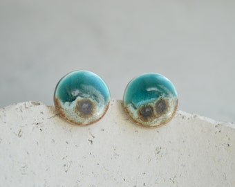 Earth and sea earrings, handmade ceramic stud earrings, colourful unique circle studs, artisan jewellery