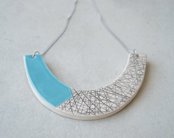 Geometric statement necklace, handmade ceramic jewelry, blue bib necklace, gifts for her