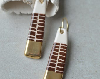 Handmade Ceramic Drop Earrings: Long Geometric Sgraffito Design