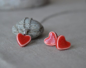 Ceramic heart necklace and earring set, red heart studs and pendant, jewelry set, Valentines day gift for her