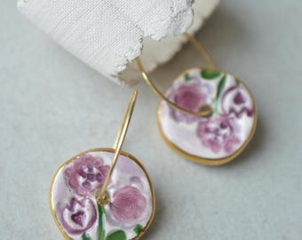 Purple floral ceramic hoops, small elegant round drop earrings