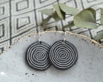 Black drop earrings with minimalist white geometric pattern, handmade ceramic jewelry