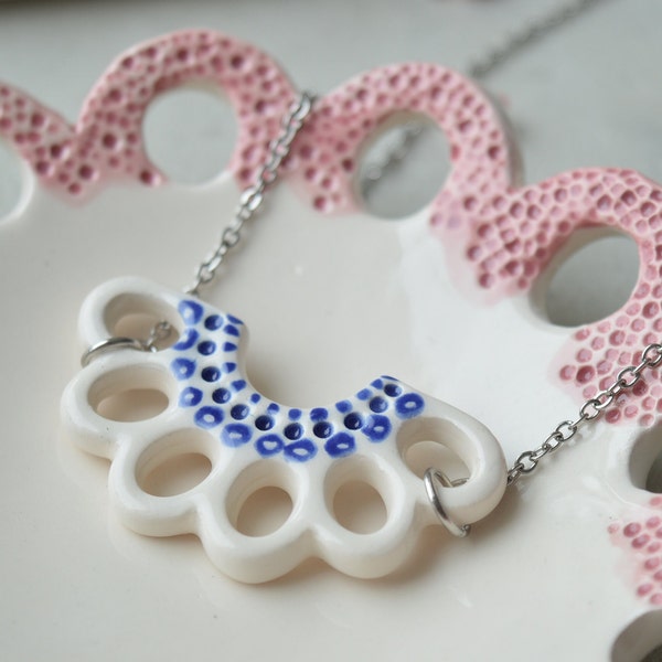 Frilly necklace, small ceramic necklace, royal blue and white necklace, handmade jewellery gift for her