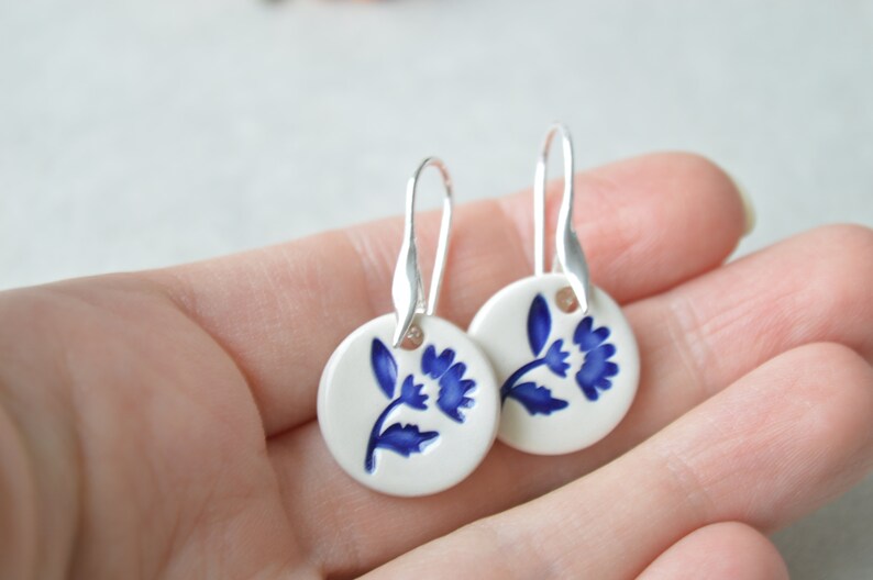 Tulip earrings, delft blue ceramic earrings, folk art inspired everyday jewellery, something blue, wedding jewellery, sterling silver image 2