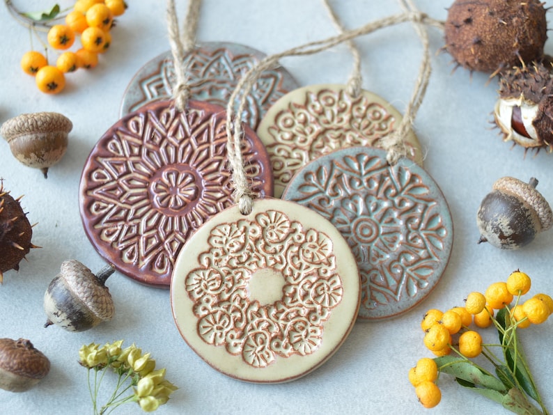 Christmas ornaments, ceramic decorations, earthy decor, terracotta ornaments, housewarming gift, Set of 5 image 1