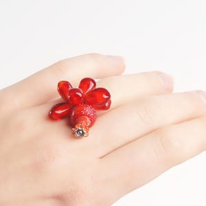 Funky red pomegranate ring • Floral nature whimsical glass jewelry • Botanical unique adjustable statement fashion