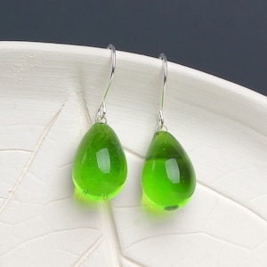 Green glass earrings • Green teardrop earrings • Green statement earrings • Contemporary blown glass earrings • Green jewelry gift for her
