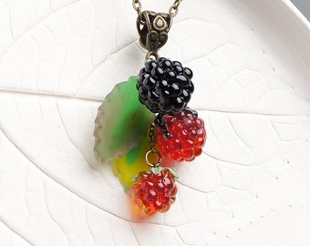 Colorful blackberry glass fruit necklace • Unique red summer pendant • Whimsical handmade blown glass jewelry