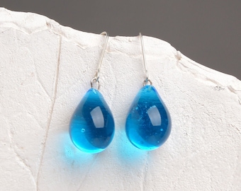 Small blue teardrop earrings Light blue drop earrings Bright blue tear drop earrings Small drop earrings Glass teardrop earrings dangle