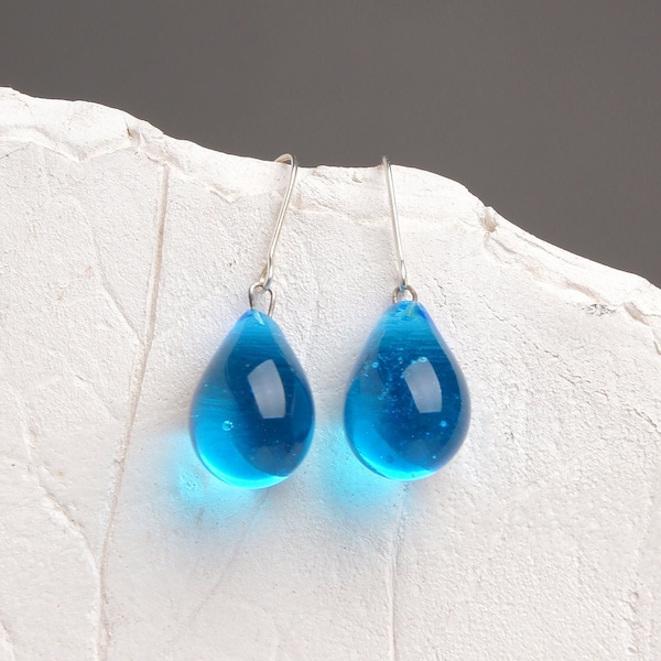 Light blue earrings dangle • Dainty blown glass unique teardrop • Simple elegant handmade modern jewelry