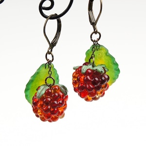 Glass fruit earrings dangle • Blackberry earrings gift for her • Red berry food jewelry • Nature inspired earrings • Garden glass drops
