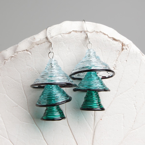 Teal geometric earrings Fun earrings dangle Teal statement earrings Boho earrings Unique gift for her Cute earrings Glass bell earrings