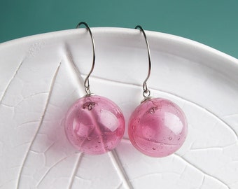 Pink ball earrings dangle Blown glass earrings Light pink bubble Sphere earrings Big lightweight earrings Transparent earrings