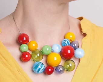 Fun rainbow bubble necklace • Unique colorful beaded statement jewelry • Modern chunky sparkle blown glass