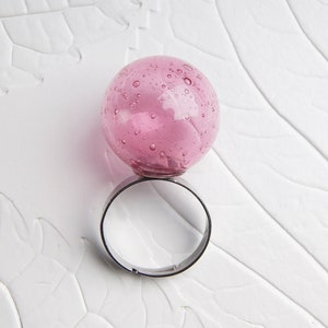 Pink soda glass ball ring, Statement clear glass bubble ring gift for women, Hollow ball adjustable transparent lampwork ring