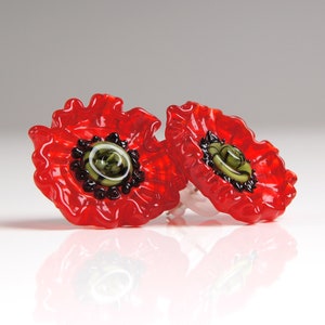 Red poppy stud earrings • Blown glass floral statement jewelry • Kawaii whimsical spring nature art