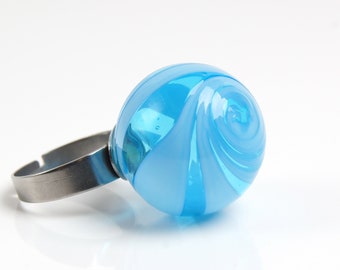 Light blue swirl ball ring, Clear blue Statement glass bubble ring gift for women, Hollow ball adjustable lampwork ring