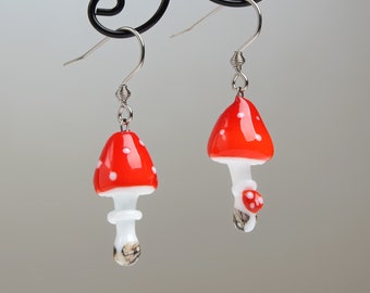 Red Mushroom Earrings • Botanical Glass Earrings • Blown Glass