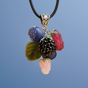 Raspberry blackberry and blueberry necklace, Glass berry necklace, Nature jewelry fruit pendant