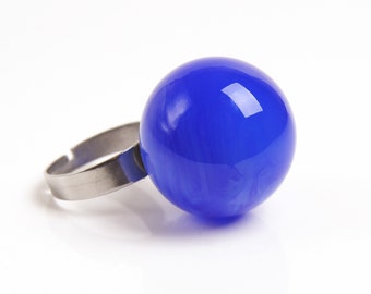 Blue ball ring, Statement glass bubble ring gift for women, Hollow ball adjustable lampwork ring