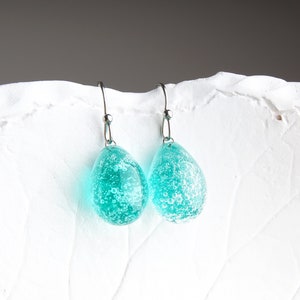 Teal glass teardrop earrings • Handmade blown glass dangle earrings • Seafoam bubble drop earrings • Ocean inspired jewelry gift for her
