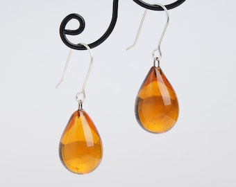 Glass small amber earrings dangle Amber drop earrings Amber teardrop earrings Amber glass dangle earrings Small amber tear drop earrings