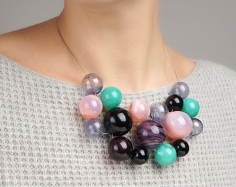 Colorful bib necklace Bold chunky necklace Teal pink necklace Glass bubble necklace Colorful statement Big bead necklace Glass ball necklace