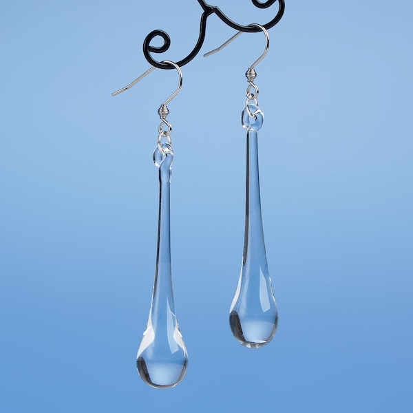 Elegant long teardrop earrings • Blown glass minimalist modern jewelry • Sculptural contemporary dangle water drop