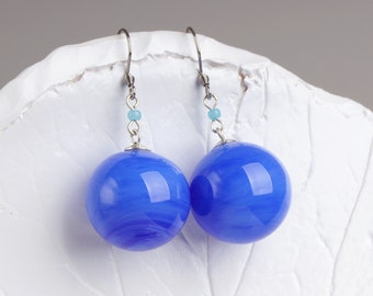 Blue ball dangle earrings Blue sphere earrings Blue drop earrings Blue bubble earrings Big lightweight earrings
