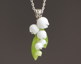 Lily of the valley necklace • Green floral spring jewelry • Summer plant glass flower pendant