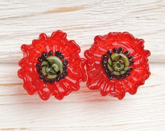 Red flower stud earrings Poppy earrings Flower ear studs Glass flower earrings Boho nature earrings Kawaii earrings stud Big floral earrings