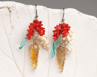 Ocean earrings Mermaid earrings dangle Nautical earrings Red coral drop earrings Sea earrings Beach inspired earrings Ocean theme earrings