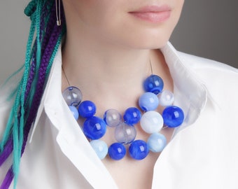 Big blue necklace Bold chunky necklace Blue bib necklace Glass ball necklace Big bead necklace Glass bubble necklace Blue statement necklace