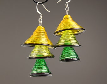 Bright green earrings Bright statement earrings Green yellow earrings Big earrings dangle Fun unique earrings Tiered bell earrings