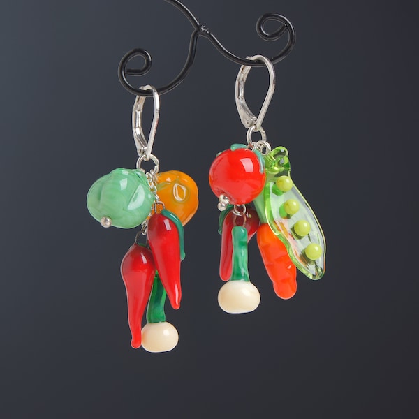 Vegetable earrings Miniature food earrings Nature inspired earrings Big colorful earrings dangle Boho nature earrings Vegan earrings