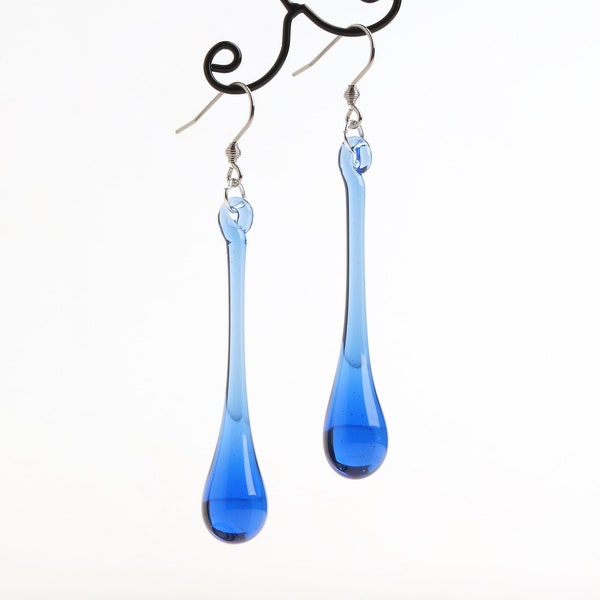 Dark blue teardrop earrings Cobalt blue dangle earrings Long deep blue tear drop earrings Elegant earrings Glass teardrop earrings