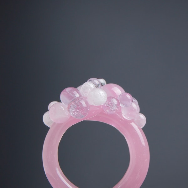 Pink cocktail ring Light pink ring Big glass ring Glass bubble ring Pink chunky ring Pink cluster ring Pink statement ring for women