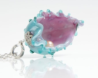 Pink blue seashell necklace • Whimsical blown glass mermaid pendant • Unique handmade summer beach jewelry