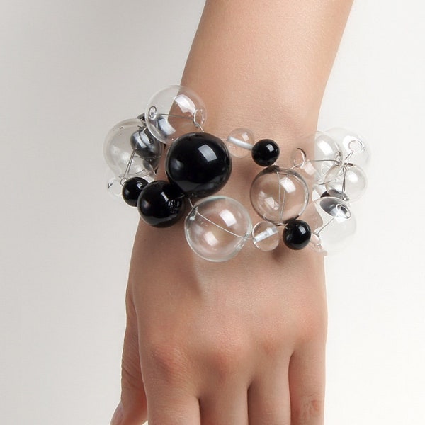 Zwarte statement armband Glazen bubbelarmband Zwarte armband dames Dikke armbanden voor dames Muranoglas armband Dikke kralenarmband