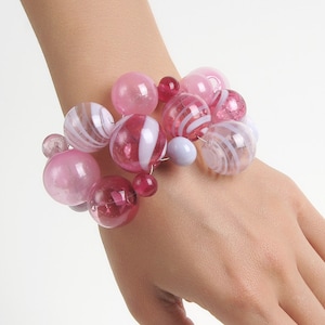 Pink two tone glass beaded bracelet • Colorful chunky statement jewelry • Unique adjustable handmade fashion