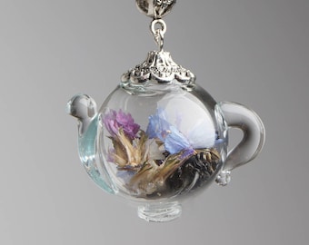 Unique glass teapot floral necklace • Real dried flower plant pendant • Fun whimsical handmade jewelry