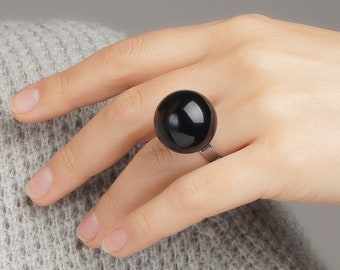 Black ball ring, Statement glass bubble ring gift for women, Hollow ball adjustable lampwork ring