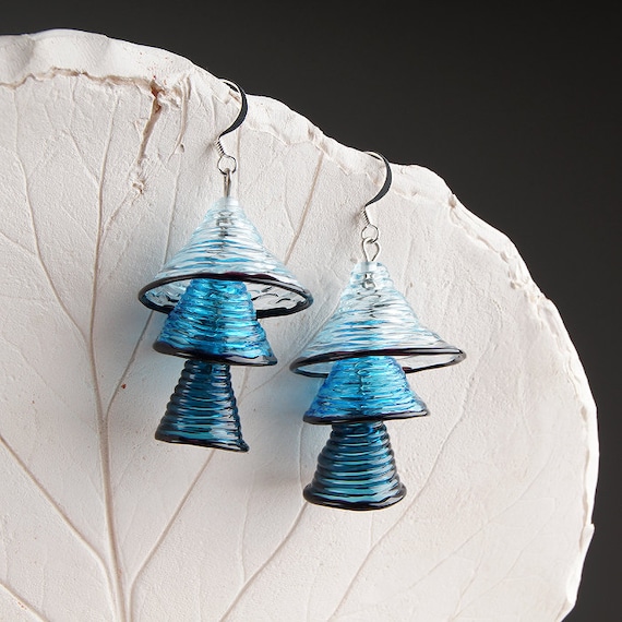 Light blue dangle earrings Aesthetic earrings Dark blue geometric earrings Fun unique earrings Blue earrings Glass bell handmade earrings
