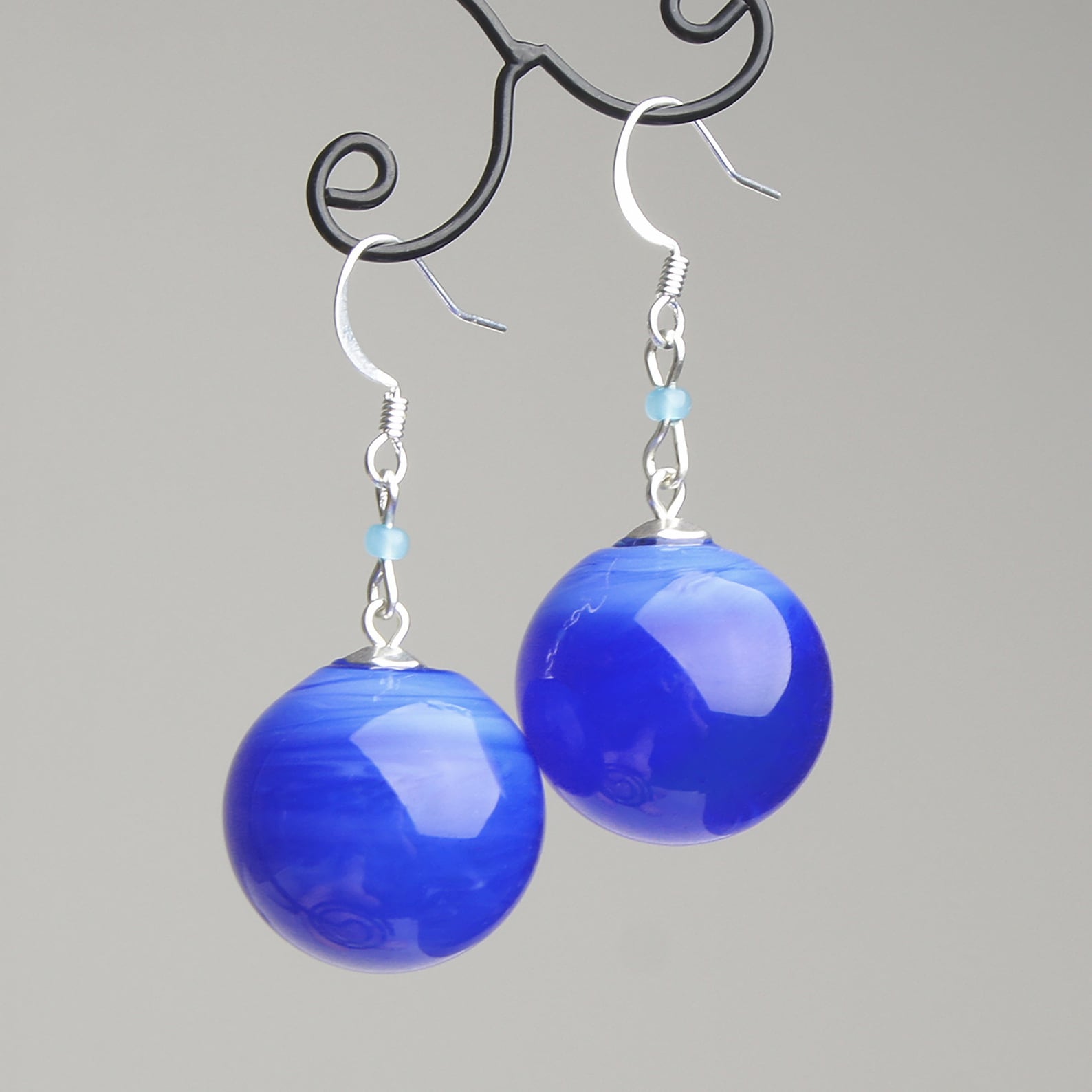 Blue Ball Dangle Earrings Blue Sphere Earrings Blue Drop Etsy