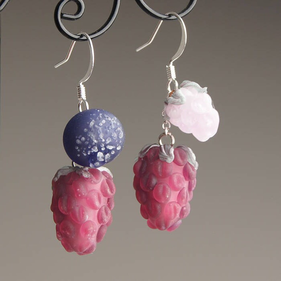 Raspberry Earrings Glass Fruit Earrings Cute Food Earrings Fun Unique Earrings Berry Earrings