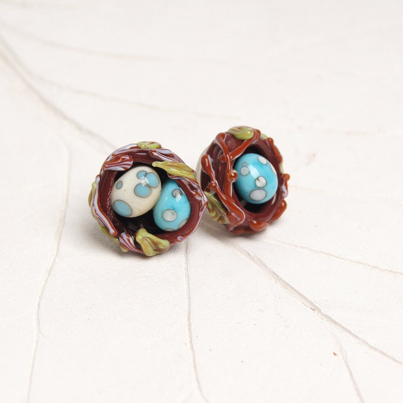 turquoise studs thrush eggs earrings turquoise earrings bird earrings nature earrings brown earrings Bird nest lampwork studs