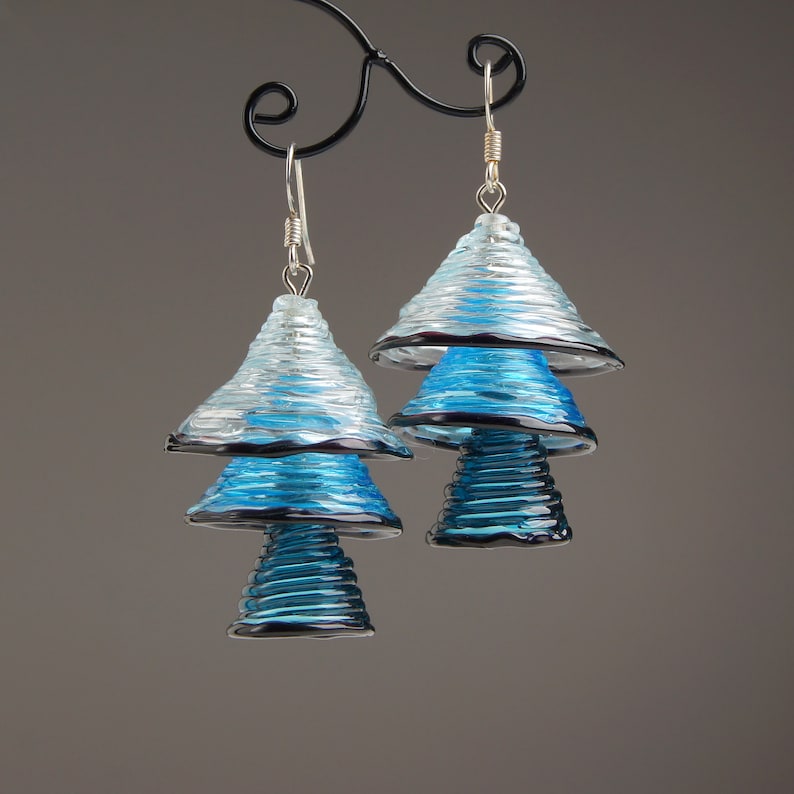 Light blue dangle earrings Aesthetic earrings Dark blue geometric earrings Fun unique earrings Blue earrings Glass bell handmade earrings