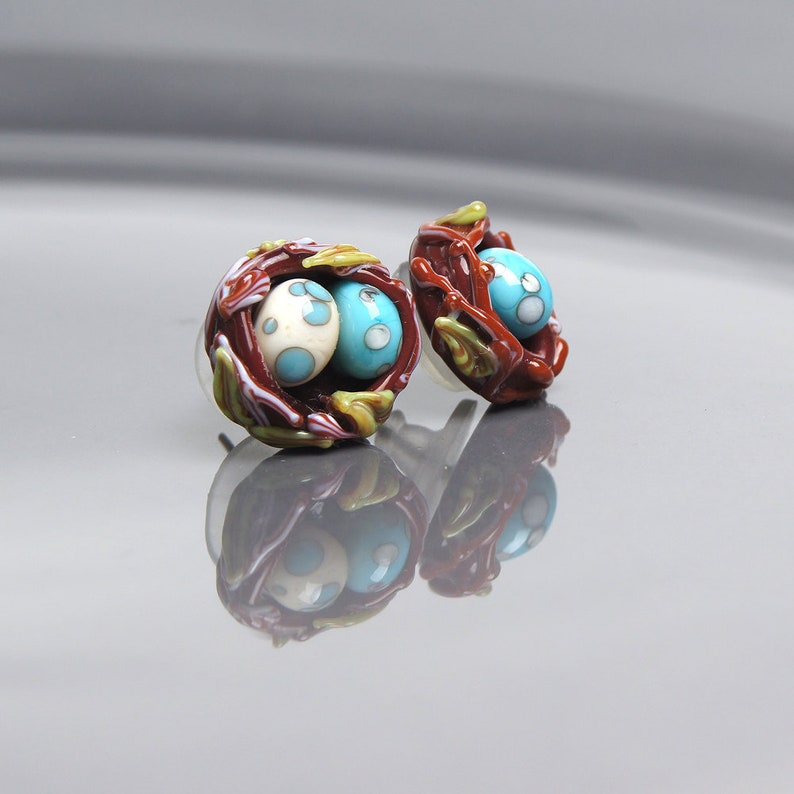 turquoise studs thrush eggs earrings turquoise earrings bird earrings nature earrings brown earrings Bird nest lampwork studs